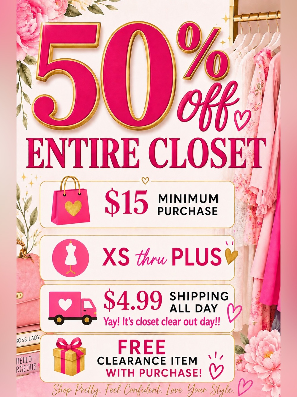 🛍️ 50% off ENTIRE CLOSET
5/31/26